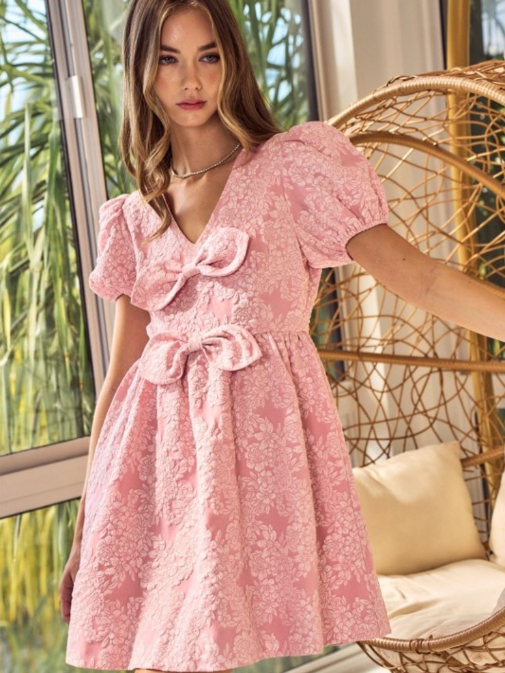 Jacquard Puff Sleeve Mini Dress Double Bow Detail - Picture 2 of 6